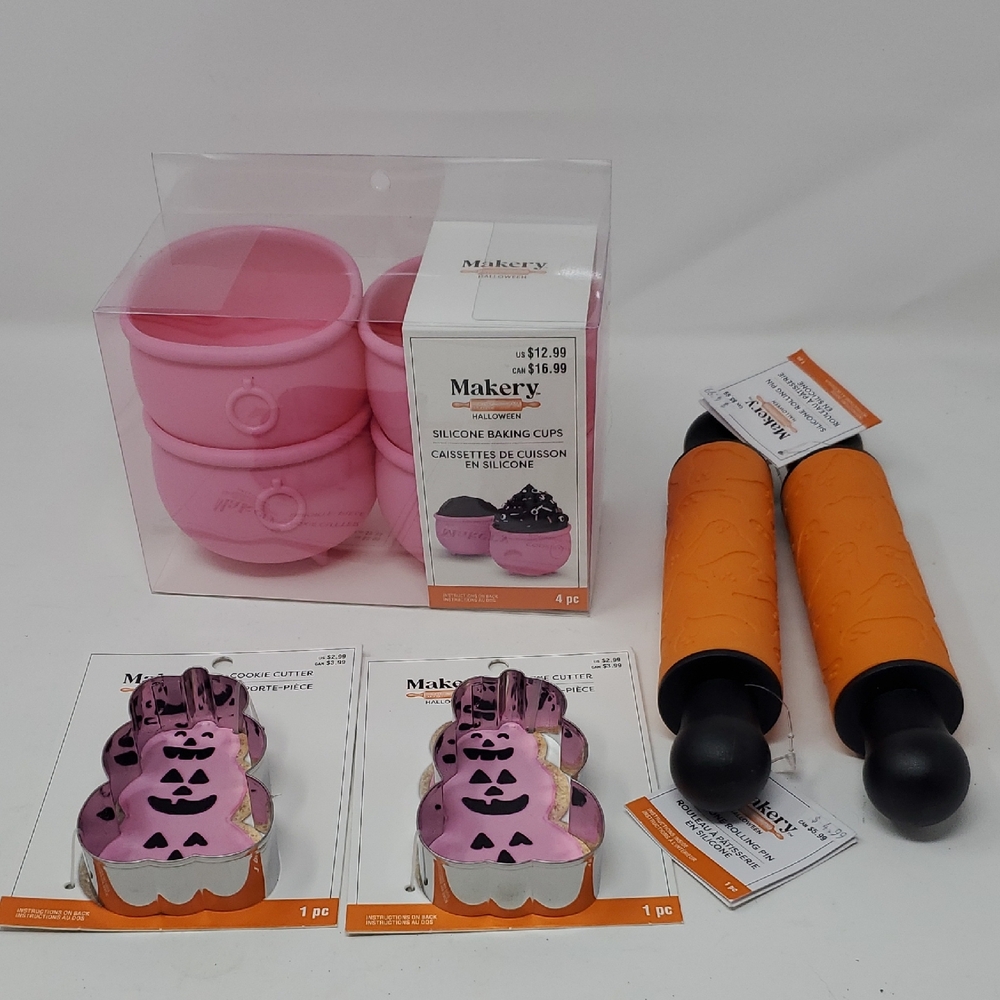 Pink Silicone Baking Cups and Ghost Rolling Pins 2 PUMPKIN COOKIE Cutters  Set